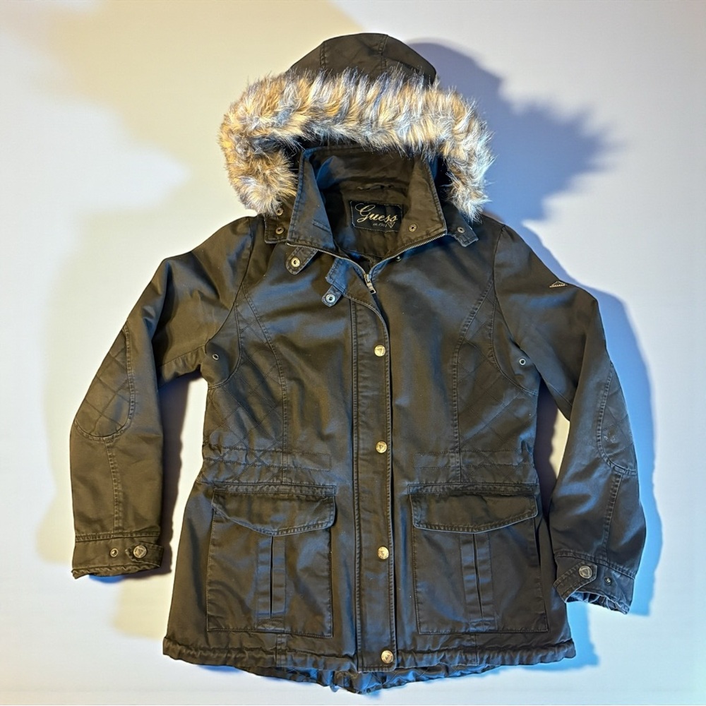 🚨3 for $15 GUESS Y2K Olive Green Jacket Coat Faux Fur Hood Women's Size Large - Picture 1 of 10